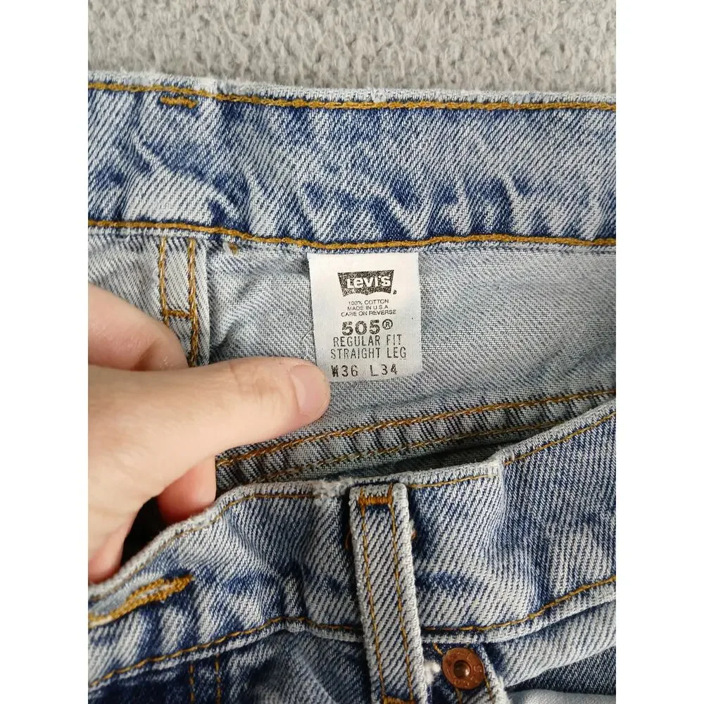 Levis 505 Jeans Mens 36 x 34 Light Blue Denim Straight Leg Regular Fit Cotton